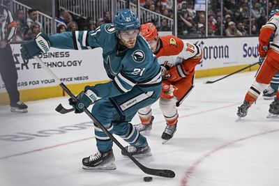 Apr 1, 2026; San Jose, California, USA; San Jose Sharks center Alexander Wennberg (21) controls the puck during the second period against the Anaheim Ducks at SAP Center at San Jose. Mandatory Credit: Justine Willard-Imagn Images