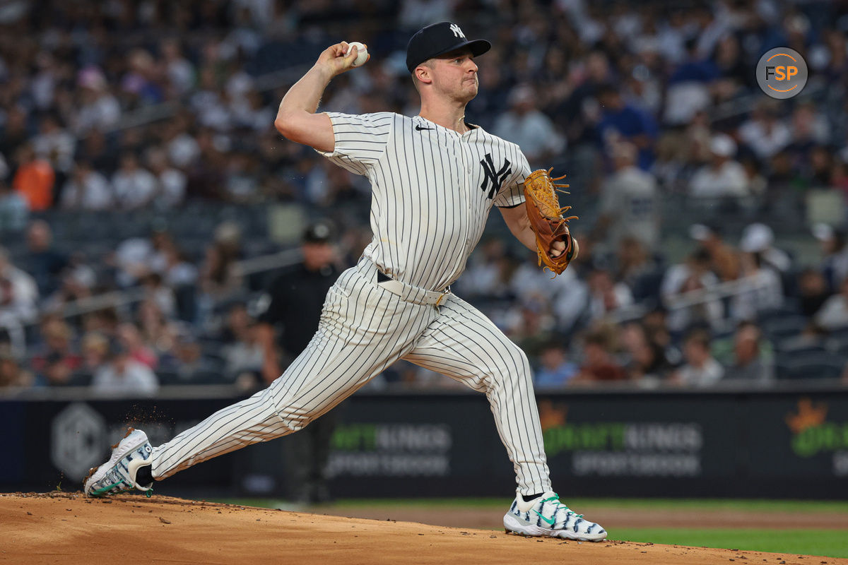 Sep 13, 2024; Bronx, New York, USA; New York Yankees starting pitcher Clarke Schmidt (36) delivers a pitch during the first inning against the Boston Red Sox at Yankee Stadium. Credit: Vincent Carchietta-Imagn Images