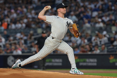 Sep 13, 2024; Bronx, New York, USA; New York Yankees starting pitcher Clarke Schmidt (36) delivers a pitch during the first inning against the Boston Red Sox at Yankee Stadium. Mandatory Credit: Vincent Carchietta-Imagn Images