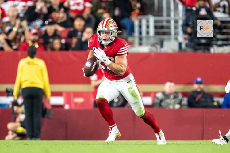October 19, 2025; Santa Clara, California, USA; San Francisco 49ers running back Christian McCaffrey (23) during the fourth quarter against the Atlanta Falcons at Levi's Stadium. Credit: Kyle Terada-Imagn Images