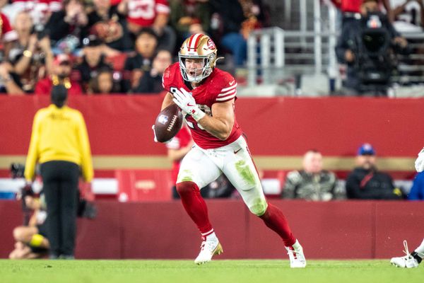 October 19, 2025; Santa Clara, California, USA; San Francisco 49ers running back Christian McCaffrey (23) during the fourth quarter against the Atlanta Falcons at Levi's Stadium. Mandatory Credit: Kyle Terada-Imagn Images