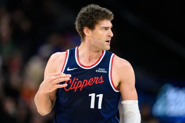 Mar 23, 2026; Inglewood, California, USA; Los Angeles Clippers center Brook Lopez (11) gestures after scoring during the second half against the Milwaukee Bucks at Intuit Dome. Mandatory Credit: William Liang-Imagn Images