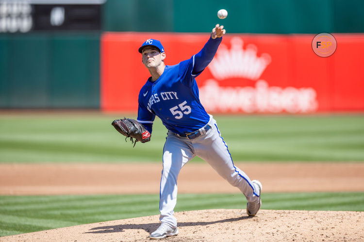 OAKLAND, CA - AUGUST 23: Kansas City Royals Pitcher Cole Ragans (55) throws a pitch during the MLB professional baseball game between the Kansas City Royals and the Oakland Athletics on August 23, 2023 at RingCentral Coliseum in Oakland, CA. (Photo by Bob Kupbens/Icon Sportswire)