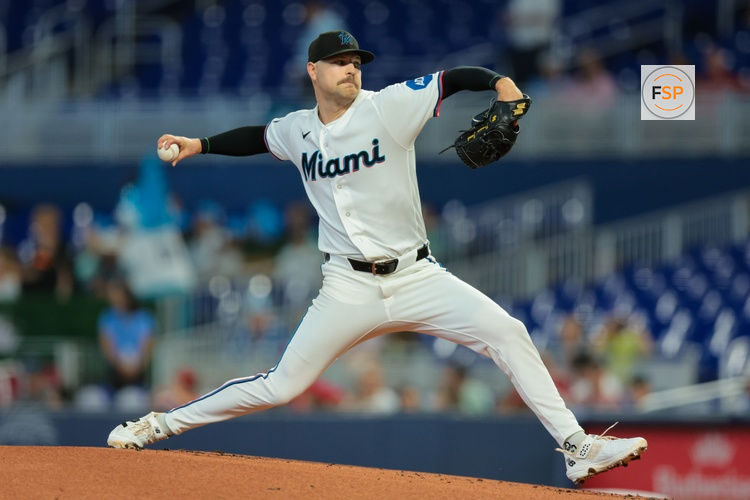 Apr 22, 2026; Miami, Florida, USA; Miami Marlins starting pitcher Janson Junk (26) delivers a pitch against the St. Louis Cardinals during the first inning at loanDepot Park. Credit: Sam Navarro-Imagn Images