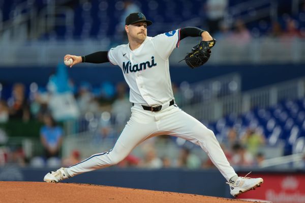 Apr 22, 2026; Miami, Florida, USA; Miami Marlins starting pitcher Janson Junk (26) delivers a pitch against the St. Louis Cardinals during the first inning at loanDepot Park. Mandatory Credit: Sam Navarro-Imagn Images