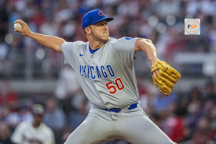 Sep 10, 2025; Cumberland, Georgia, USA; Chicago Cubs starting pitcher Jameson Taillon (50) pitches against the Atlanta Braves during the second inning at Truist Park. Credit: Dale Zanine-Imagn Images