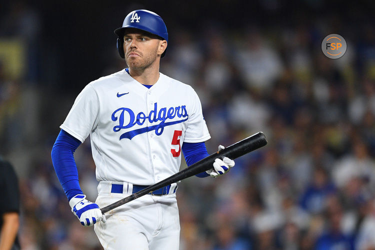 LOS ANGELES, CA - OCTOBER 07: Los Angeles Dodgers first baseman Freddie Freeman (5) walks back to the dugout after striking out during the MLB NLDS Game 1 between the Arizona Diamondbacks and the Los Angeles Dodgers on October 7, 2023 at Dodger Stadium in Los Angeles, CA. (Photo by Brian Rothmuller/Icon Sportswire)