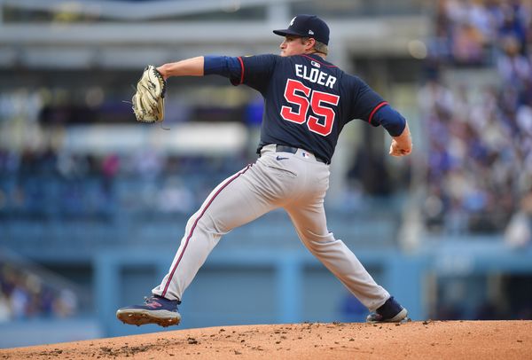 Apr 2, 2025; Los Angeles, California, USA; Atlanta Braves pitcher Bryce Elder (55) throws during the first inning against the Los Angeles Dodgers at Dodger Stadium. Mandatory Credit: Gary A. Vasquez-Imagn Images