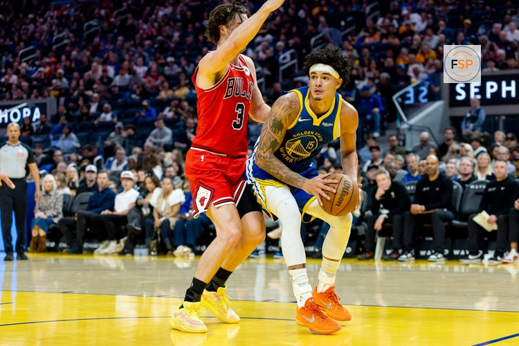Mar 10, 2026; San Francisco, California, USA; Golden State Warriors forward Gui Santos (15) drives during the second quarter against the Chicago Bulls at Chase Center. Credit: Bob Kupbens-Imagn Images