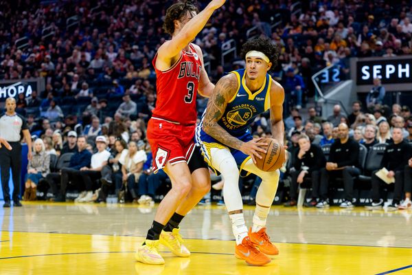 Mar 10, 2026; San Francisco, California, USA; Golden State Warriors forward Gui Santos (15) drives during the second quarter against the Chicago Bulls at Chase Center. Mandatory Credit: Bob Kupbens-Imagn Images