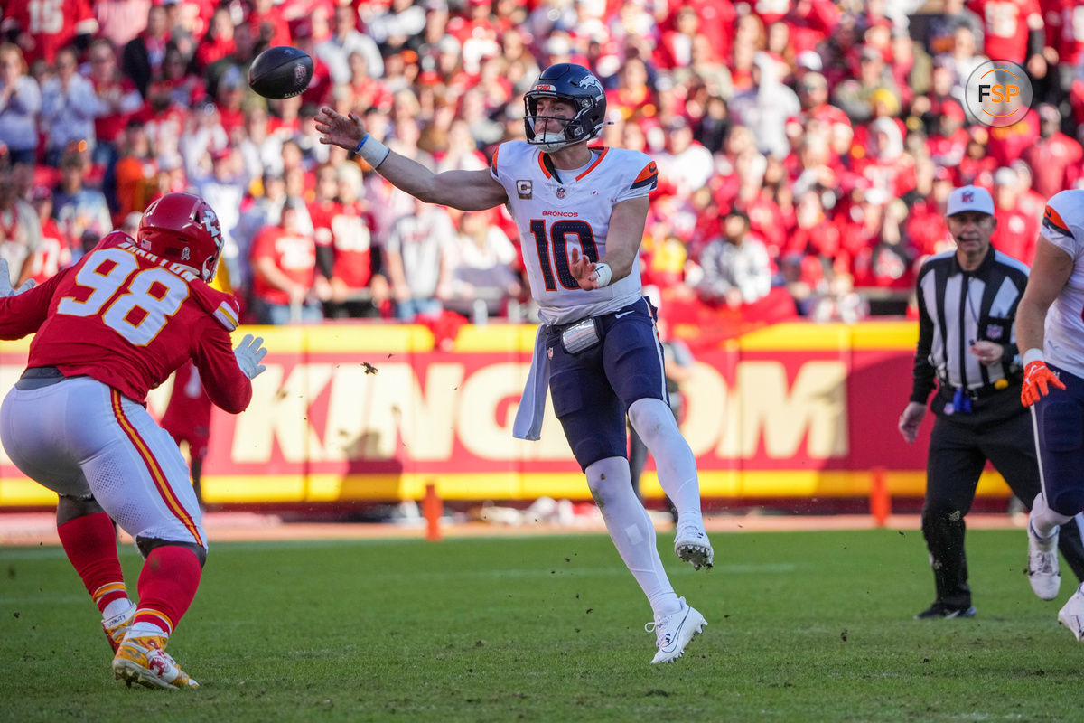 Nov 10, 2024; Kansas City, Missouri, USA; Denver Broncos quarterback Bo Nix (10) throws a pass against the Kansas City Chiefs during the second half at GEHA Field at Arrowhead Stadium. Credit: Denny Medley-Imagn Images