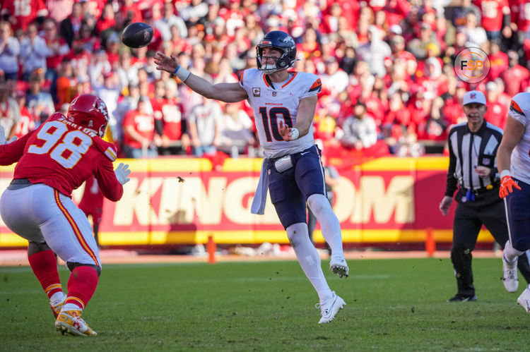 Nov 10, 2024; Kansas City, Missouri, USA; Denver Broncos quarterback Bo Nix (10) throws a pass against the Kansas City Chiefs during the second half at GEHA Field at Arrowhead Stadium. Credit: Denny Medley-Imagn Images