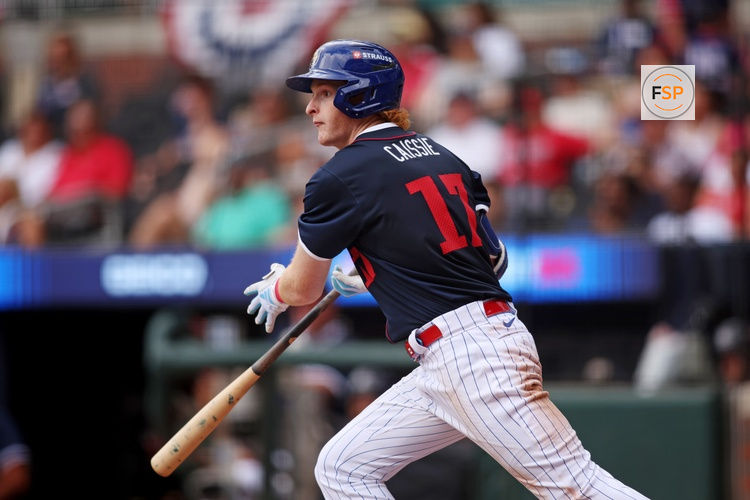 Jul 12, 2025; Atlanta, GA, USA;  National League outfielder Owen Caissie (17) of the Chicago Cubs makes a run during the seventh inning against American League at Truist Park. Credit: Brett Davis-Imagn Images