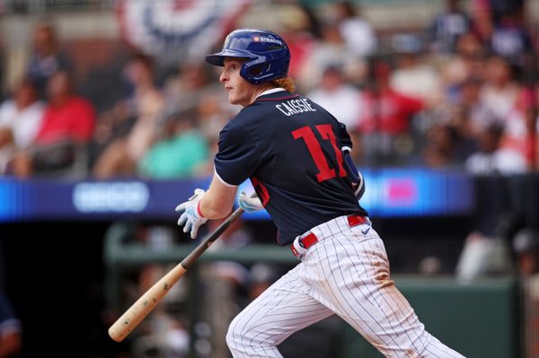 Jul 12, 2025; Atlanta, GA, USA;  National League outfielder Owen Caissie (17) of the Chicago Cubs makes a run during the seventh inning against American League at Truist Park. Mandatory Credit: Brett Davis-Imagn Images