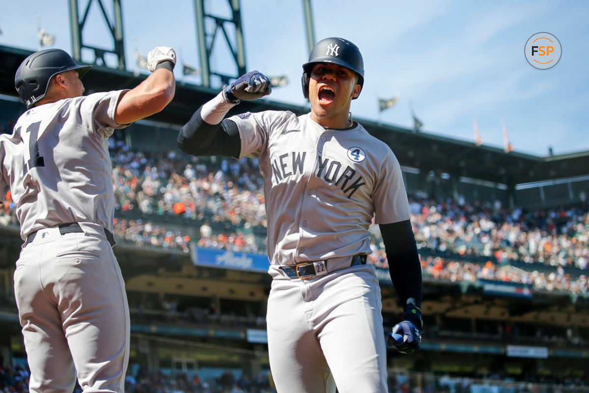 SAN FRANCISCO, CA - JUNE 02: New York Yankees RF Juan Soto (22) celebrates his home run with SS Anthony Volpe (11) late in the game between the New York Yankees and San Francisco Giants on June 2, 2024, Lou Gehrig Day at Oracle Park in San Francisco, CA. (Photo by Larry Placido/Icon Sportswire)