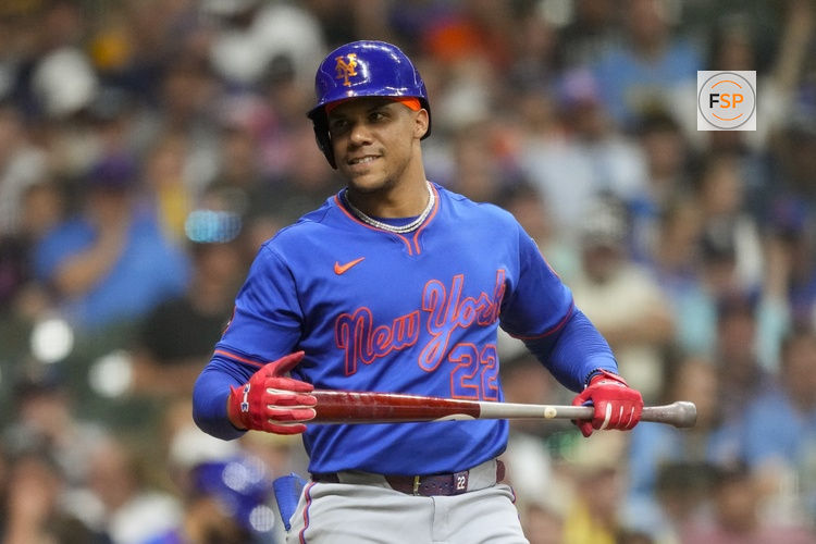 Jul 20, 2026; Milwaukee, Wisconsin, USA;  New York Mets left fielder Juan Soto (22) during the game against the Milwaukee Brewers at American Family Field. Credit: Jeff Hanisch-Imagn Images