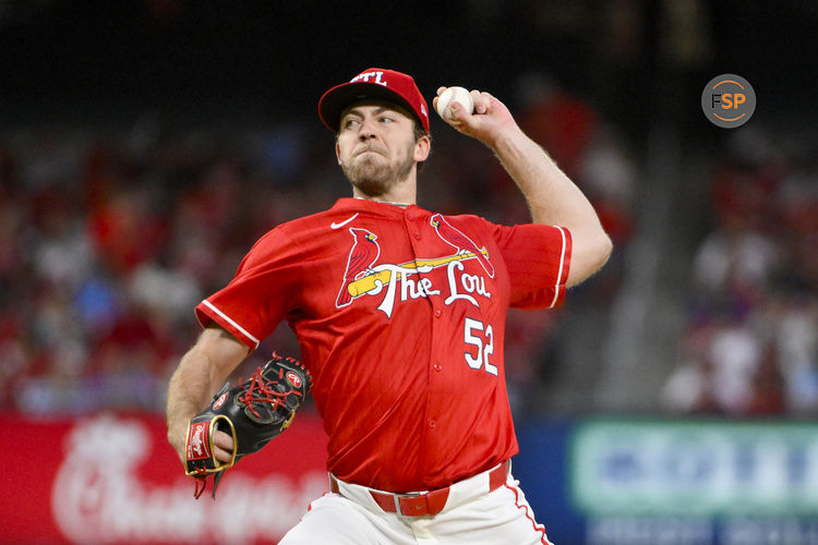Apr 25, 2025; St. Louis, Missouri, USA;  St. Louis Cardinals starting pitcher Matthew Liberatore (52) pitches against the Milwaukee Brewers during the third inning at Busch Stadium. Credit: Jeff Curry-Imagn Images