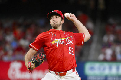 Apr 25, 2025; St. Louis, Missouri, USA;  St. Louis Cardinals starting pitcher Matthew Liberatore (52) pitches against the Milwaukee Brewers during the third inning at Busch Stadium. Mandatory Credit: Jeff Curry-Imagn Images