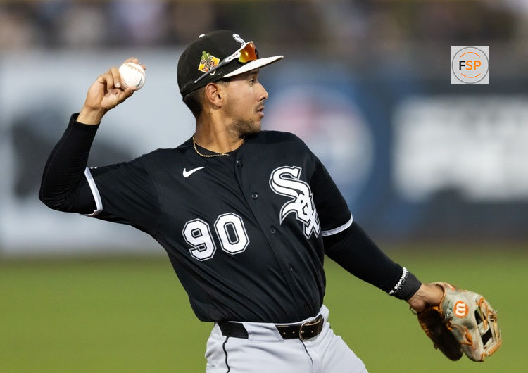 Mar 19, 2026; Peoria, Arizona, USA; Chicago White Sox shortstop William Bergolla Jr against the San Diego Padres during a spring training game at Peoria Sports Complex. Credit: Mark J. Rebilas-Imagn Images