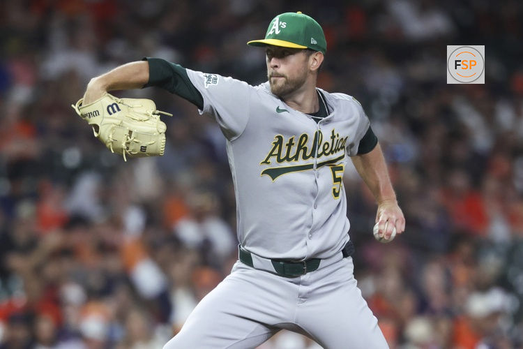 Jul 25, 2025; Houston, Texas, USA;  Athletics starting pitcher Jeffrey Springs (59) delivers a pitch during the first inning against the Houston Astros at Daikin Park. Credit: Troy Taormina-Imagn Images