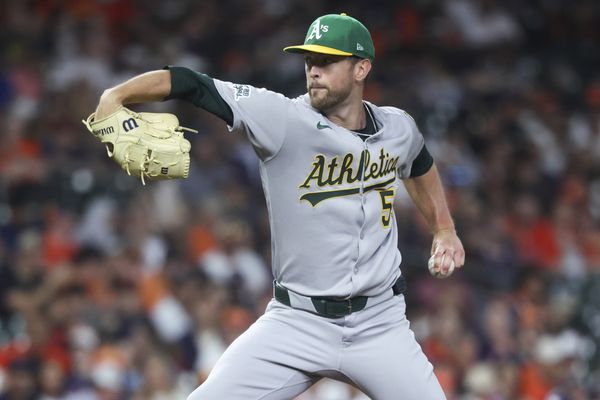 Jul 25, 2025; Houston, Texas, USA;  Athletics starting pitcher Jeffrey Springs (59) delivers a pitch during the first inning against the Houston Astros at Daikin Park. Mandatory Credit: Troy Taormina-Imagn Images