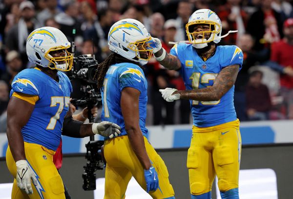 [US, Mexico & Canada customers only] Sep 5, 2025; Sao Paulo, BRAZIL;  Los Angeles Chargers wide receiver Quentin Johnston (1) celebrates with wide receiver Keenan Allen (13) after scoring a touchdown against the Kansas City Chiefs in the second half during a N