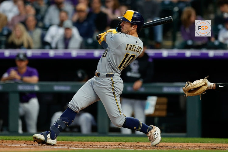 Apr 8, 2025; Denver, Colorado, USA; Milwaukee Brewers center fielder Sal Frelick (10) watches his ball on an RBI single in the third inning against the Colorado Rockies at Coors Field. Credit: Isaiah J. Downing-Imagn Images