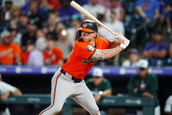 Aug 31, 2024; Denver, Colorado, USA; Baltimore Orioles second base Jackson Holliday (7) at bat in the fifth inning against the Colorado Rockies at Coors Field. Mandatory Credit: Ron Chenoy-USA TODAY Sports