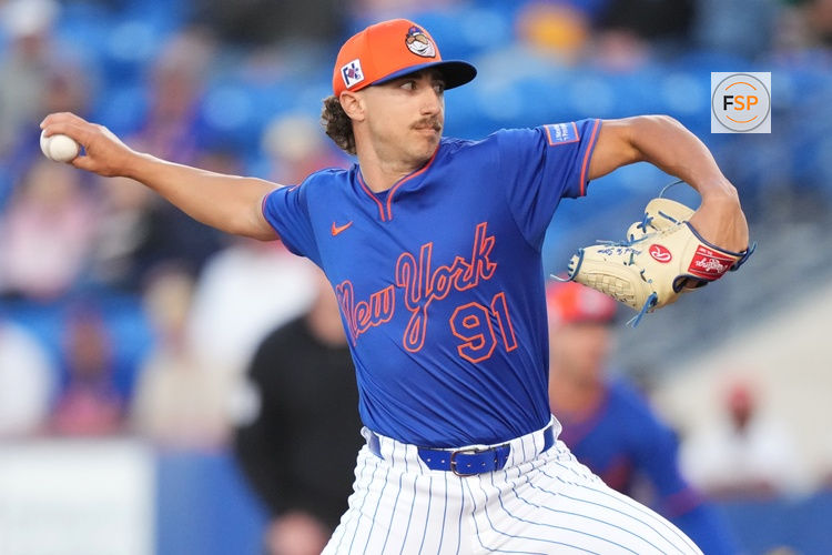 Mar 6, 2025; Port St. Lucie, Florida, USA;  New York Mets pitcher Brandon Sproat (91) pitches against the Houston Astros at Clover Park. Credit: Jim Rassol-Imagn Images