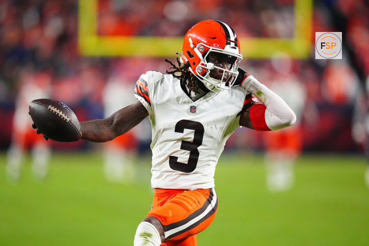 Dec 2, 2024; Denver, Colorado, USA; Cleveland Browns wide receiver Jerry Jeudy (3) scores a touchdown in the third quarter against the Denver Broncos at Empower Field at Mile High. Credit: Ron Chenoy-Imagn Images