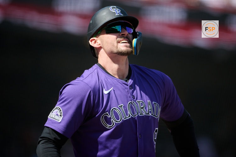 May 4, 2025; San Francisco, California, USA; Colorado Rockies outfielder Brenton Doyle (9) reacts after striking out against the San Francisco Giants during the ninth inning at Oracle Park. Credit: Robert Edwards-Imagn Images