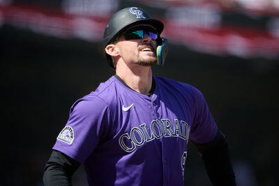 May 4, 2025; San Francisco, California, USA; Colorado Rockies outfielder Brenton Doyle (9) reacts after striking out against the San Francisco Giants during the ninth inning at Oracle Park. Mandatory Credit: Robert Edwards-Imagn Images
