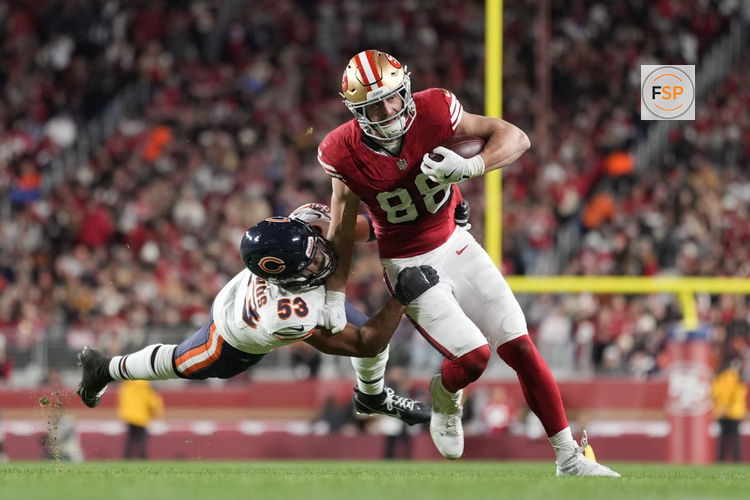 Dec 28, 2025; Santa Clara, California, USA;  Chicago Bears linebacker T.J. Edwards (53) tackles San Francisco 49ers tight end Jake Tonges (88) in the second half at Levi's Stadium. Credit: Kyle Terada-Imagn Images