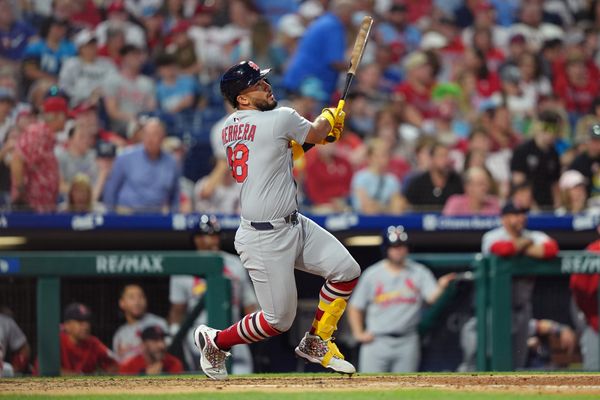 May 12, 2025; Philadelphia, Pennsylvania, USA; St. Louis Cardinals catcher Ivan Herrera (48) hits a home run against the Philadelphia Phillies in the sixth inning at Citizens Bank Park. Mandatory Credit: Kyle Ross-Imagn Images
