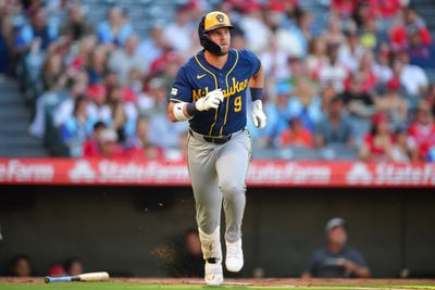 Jul 31, 2026; Anaheim, California, USA; Milwaukee Brewers first baseman Jake Bauers (9) runs after hitting a single against the Los Angeles Angels during the second inning at Angel Stadium. Mandatory Credit: Gary A. Vasquez-Imagn Images