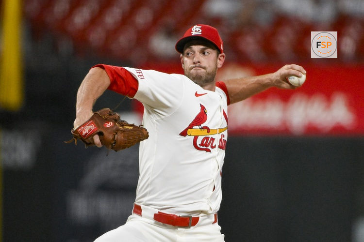 Jul 28, 2025; St. Louis, Missouri, USA;  St. Louis Cardinals relief pitcher Steven Matz (32) pitches against the Miami Marlins during the eighth inning at Busch Stadium. Credit: Jeff Curry-Imagn Images