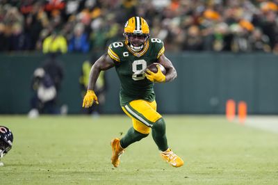 Dec 7, 2025; Green Bay, Wisconsin, USA;  Green Bay Packers running back Josh Jacobs (8) during the game against the Chicago Bears at Lambeau Field. Mandatory Credit: Jeff Hanisch-Imagn Images
