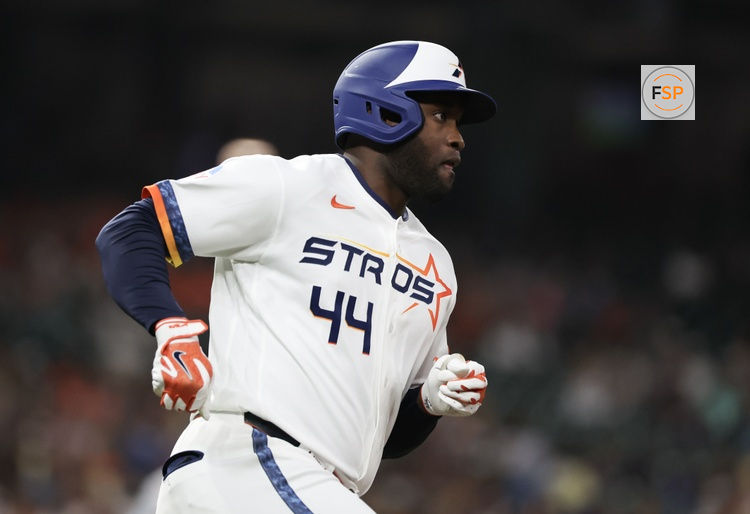 Jun 15, 2026; Houston, Texas, USA; Houston Astros designated hitter Yordan Alvarez (44) hits a stand up double against the Detroit Tigers in the fifth inning at Daikin Park. Credit: Thomas Shea-Imagn Images