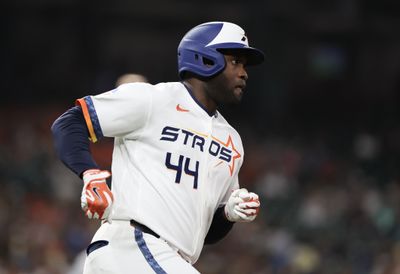 Jun 15, 2026; Houston, Texas, USA; Houston Astros designated hitter Yordan Alvarez (44) hits a stand up double against the Detroit Tigers in the fifth inning at Daikin Park. Mandatory Credit: Thomas Shea-Imagn Images