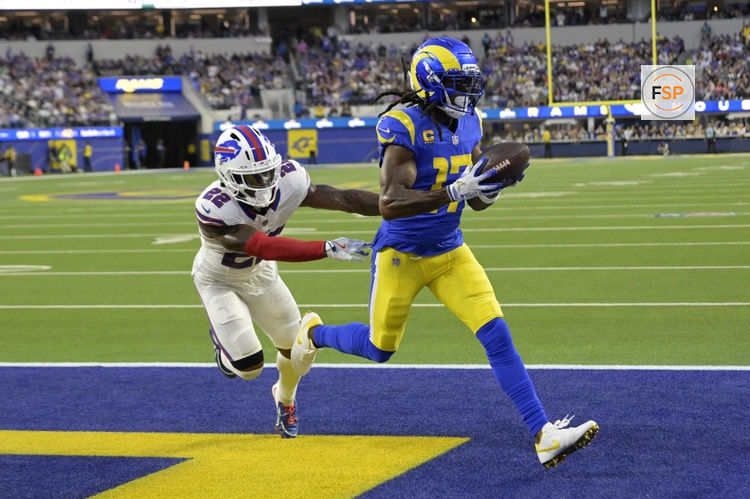 Oct 12, 2026; Inglewood, California, USA;  Los Angeles Rams wide receiver Davante Adams (17) makes a catch for a touchdown as Buffalo Bills safety C.J. Gardner-Johnson (22) defends during the second quarter at SoFi Stadium.  Credit: Jayne Kamin-Oncea-Imagn Images