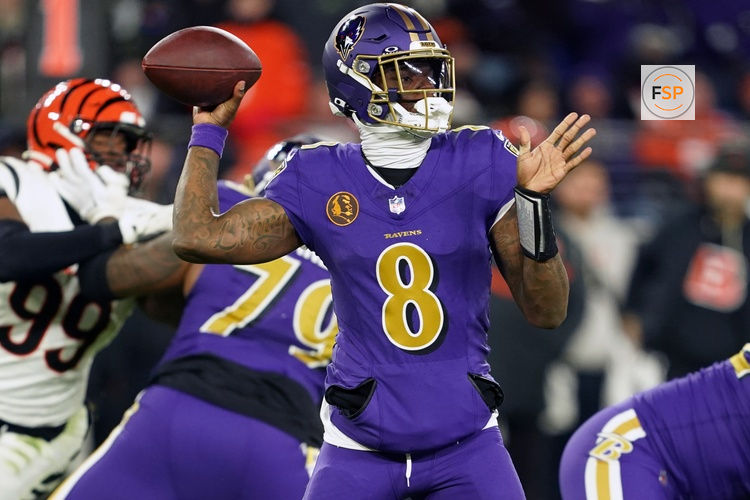 Nov 27, 2025; Baltimore, Maryland, USA; Baltimore Ravens quarterback Lamar Jackson (8) drops back to pass against the Cincinnati Bengals during the second half at M&T Bank Stadium. Credit: Mitch Stringer-Imagn Images