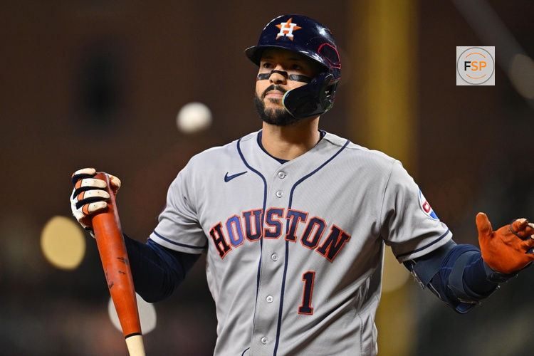 Apr 28, 2026; Baltimore, Maryland, USA;  Houston Astros infielder Carlos Correa (1) reacts after striking out in the seventh inning against the Baltimore Orioles at Oriole Park at Camden Yards. Credit: Jamie Sabau-Imagn Images