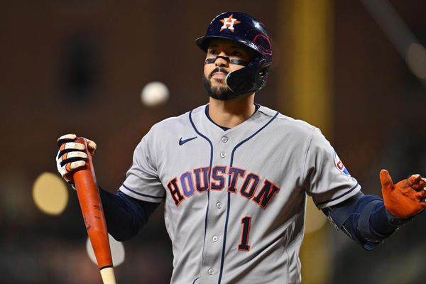 Apr 28, 2026; Baltimore, Maryland, USA;  Houston Astros infielder Carlos Correa (1) reacts after striking out in the seventh inning against the Baltimore Orioles at Oriole Park at Camden Yards. Mandatory Credit: Jamie Sabau-Imagn Images