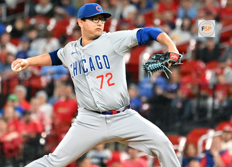 ST. LOUIS, MO - MAY 26: Chicago Cubs starting pitcher Javier Assad (72) pitches in the first inning during a MLB game between the Chicago Cubs and the St. Louis Cardinals on May 26, 2024, at Busch Stadium, St. Louis, MO.  (Photo by Keith Gillett/Icon Sportswire)