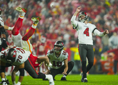 Nov 4, 2024; Kansas City, Missouri, USA; Tampa Bay Buccaneers place kicker Chase McLaughlin (4) kicks an extra point during the second half against the Kansas City Chiefs at GEHA Field at Arrowhead Stadium. Mandatory Credit: Jay Biggerstaff-Imagn Images