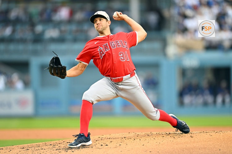May 17, 2025; Los Angeles, California, USA; Los Angeles Angels pitcher Tyler Anderson (31) pitches against the Los Angeles Dodgers in the first inning at Dodger Stadium. Credit: Jonathan Hui-Imagn Images