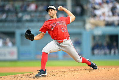 May 17, 2025; Los Angeles, California, USA; Los Angeles Angels pitcher Tyler Anderson (31) pitches against the Los Angeles Dodgers in the first inning at Dodger Stadium. Mandatory Credit: Jonathan Hui-Imagn Images
