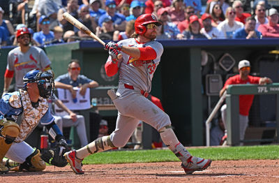 May 18, 2025; Kansas City, Missouri, USA;  St. Louis Cardinals second baseman Brendan Donovan (33) doubles in the ninth inning against the Kansas City Royals at Kauffman Stadium. Mandatory Credit: Peter Aiken-Imagn Images