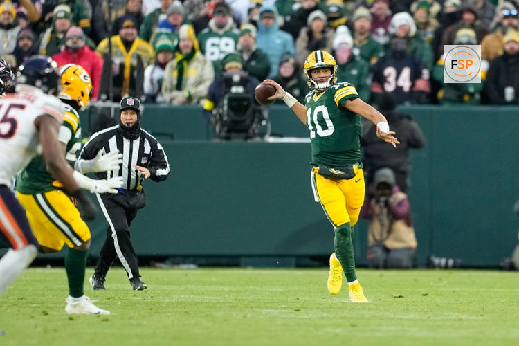 Dec 7, 2025; Green Bay, Wisconsin, USA; Green Bay Packers quarterback Jordan Love (10) throws in the first quarter against the Chicago Bears at Lambeau Field. Credit: Jeff Hanisch-Imagn Images