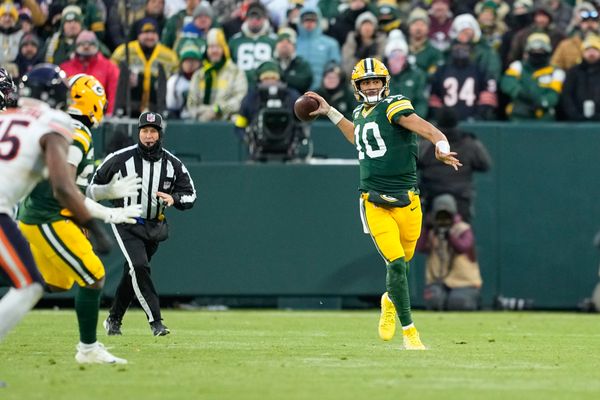 Dec 7, 2025; Green Bay, Wisconsin, USA; Green Bay Packers quarterback Jordan Love (10) throws in the first quarter against the Chicago Bears at Lambeau Field. Mandatory Credit: Jeff Hanisch-Imagn Images